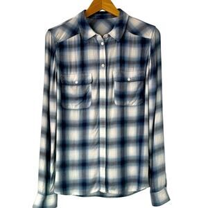 Paige button down plaid top white blue
